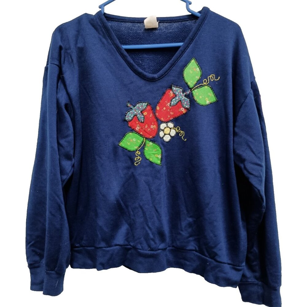 Vintage 80s Grandmacore Sweater Large Blue Strawberry‎ Embroidered Pullover